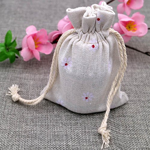 20 Stück Leinensäckchen 9x12cm Leinen Beutel Säckchen Baumwollbeutel mit praktischen Zugband Perfekt für,Lavendelblüten , Schmuck Geschenke (Weiß Blume) - 3