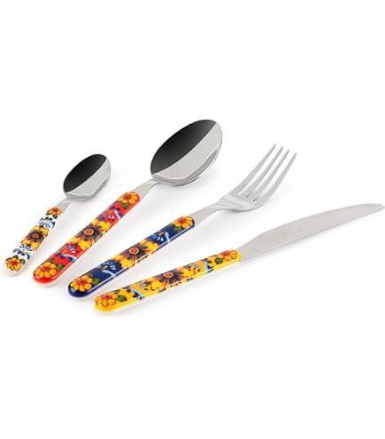Lot De 5 Ustensiles De Cuisine Excelsa Trinacria – Louche, écumoire, Cuillère… – Motifs Siciliens Colorés – Poignées Inox, Têtes Nylon – Pour Lave-vaisselle