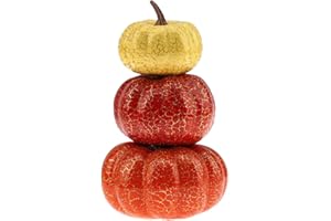 Meiwlong Artificial Lifelike Fall Season Harvest Pumpkins Faux Rustic Realistic 3 Layers Design Vegetable Fake Simulation Crack Stacked Tower Fruit Display Thanksgiving Halloween Decoration