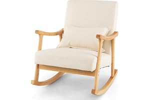 RELAX4LIFE Rocking Chair, Upholstered Relaxing Recliner Armchair with Soft Cushion & Lumbar Pillow, Leisure Rocker Lounge Chair for Living Room Bedroom (Natural+Beige,78x66x83cm)