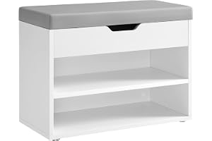 VASAGLE Skobänk med Dolt Fack, Vadderad Sits, 2 Hyllor | Skohylla i PU-Läder, 60 x 30 x 44 cm, Max 136 kg, för Hall, Moln