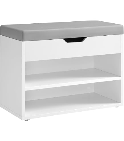 Banc Rangement Chaussures HOMCOM - 2 Niveaux + Tiroir + Coffre - Coussin Gris/blanc - Entrée