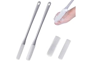 SESAMELESS 2 Pack Toe Gap Cleaning Brush Long Handle Silicone Foot Scrubber for Shower Toe Cleaning Brush for Elderly Men and Women with 2 Replace Brush Head (Grey Sets)