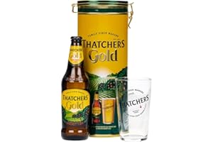 TOPLINE Thatchers Gold Cider Gift Set - Myrtle Farm Somerset Medium Dry Cider with Branded Glass in Tin Gift Box 500ml. Great Christmas Gifts for Women, Stocking Fillers or Birthday Gifts for Men