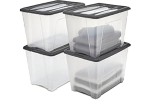 Iris Ohyama, Boite Rangement Plastique avec Couvercle, 60L, Lot de 4, Noir, Clips de Fermeture, Poignée,Empilable, Organisation Solide & Durable, pour Chambre, Dressing, Bureau, NTB-60