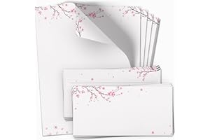 ‎EINLADUNGSKARTEN MANUFAKTUR HAMBURG 10 Briefpapier und Briefumschlag SET | Kirschblüte rosa | Papier und Umschlag mit Design-Motiv bedruckt | 90 g/m²