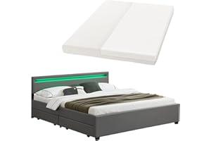 ‎JUSKYS Juskys Polsterbett Lyon 180x200 cm mit Matratze, Bettkasten, LED Beleuchtung, Lattenrost & Kopfteil, grau, Bett Bettgestell Doppelbett Ehebett