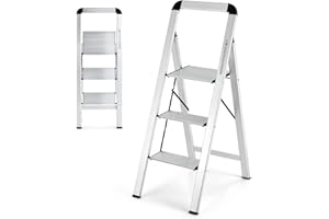 COSTWAY Drabina schodkowa, 3-stopniowa drabina stojąca, aluminiowa, składana drabina do 150 kg, składana i antypoślizgowa, do domu, biura, garażu, srebrna (3 stopnie), TJ10011SL12SLDE