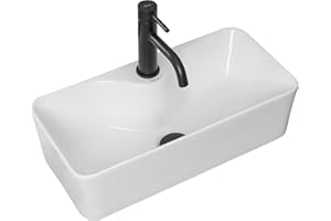 VBChome Lavabo 51 x 25 cm, in ceramica, bianco, rettangolare, con foro per rubinetto, piccolo lavabo a mano, lavabo da appoggio per gli ospiti