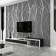 Snewvie Silver Grey Wallpaper 3D Embossed Tree Branch Glitter Textured Wallpaper Modern Minimalist Striped Feature Wall Paper for Bedroom Living Room TV Backdrop Hallway