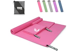 Pfloge® Toalla Microfibra Juego de 3, 180x80 CM Toalla Gimnasio + 2 Pcs 80x40 CM Toalla Pequeña, Secado Rápido, Toalla de Viaje Ligera para Fitness, Viajes, Playa, Yoga y Sauna(Rosa)