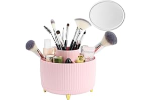 Hebaogugu 360°Makeup Brushes Organizer with Anti-slip Mat, Plastic Rotating Skin Care Organizer, 5 Slots Lazy Susan Cosmetic Storage Tray, Round Display Case for Essential Oil, Lotion (Round/Pink)