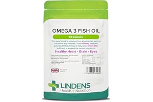 Lindens Omega 3 Fish Oil Capsules - 90 Pack - 3,000mg Daily Intake - UK Made - Supports Normal Function of Healthy Heart, Brain & Eyes - GMP & Letterbox Friendly