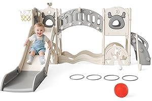 KROVTOY Toboggan pour Enfants, Toboggan autoportant pour Tout-Petits avec Long Pont d'escalade, télescope, Aire de Jeux pour bébé, toboggans de Jardin pour Enfants en Plein air (Gris-7)