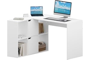 eSituro 120cm Schreibtisch L-Form Weiß, Eckschreibtisch mit Regalen, Computertisch mit Ablagen, Bürotisch, Tisch mit Bücherregal, Corner Desk with Shelves, 118x100x75 cm