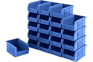 BiGDUG Plastic Parts Bins - Stackable or Wall Mounted Storage Boxes Garage Organiser - Pack of 20 - 75H x 100W x 165D mm - Blue