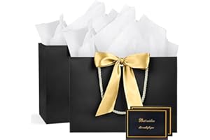BBLIKE Pochette Cadeau Papier - 2 Pièces Sac Emballage Cadeaux Grand Format Avec Anse, Gift Bag Paquet 28*20*10CM Luxe Avec Noeud + 2 Cartes + 4 Mouchoirs Pour Fête d'Anniversaire, Mariage (Noir-Gold)