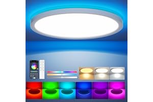 Aphyni Lampe de Plafond LED Dimmable avec Télécommande, 24W RGB Change Couleur, Plafonnier Rond Plat, 3000K-6500K, Contrôle Intelligent via App, pour Chambre, Cuisine, Salon