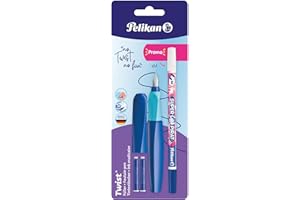 Pelikan Twist in Colori Assortiti, Penna Stilografica Ergonomica, per Destrimani e Mancini, per Scuola e Ufficio, Pennino M in Acciaio Inossidabile, 2 Cartucce Blu e Cancellino Inclusi. Ricaricabile