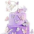 QUOHE 20 Pcs Pink & Purple Butterfly Cake Decoration Set - 4 Sizes, Happy Birthday Topper, Non-Edible, Perfect for Birthdays & Parties