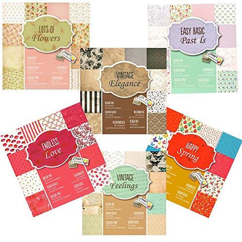 6 x Scrapbooking Papier Motivblock mit je 30 Blättern bedruckt Bastelpapier 180 Blätter 60 Designs (Set Auswahl 01)