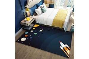 STICKER SUPERB. Alfombra 3D Planet Astronaut para Niños - Antideslizante, Azul Negro, Nave Espacial, Cohetes, Lavable (120 x 160 cm)