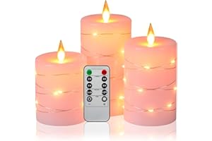 Da by Velas LED visión de 360 ​​grados, paquete de 3 velas LED de cadena de hadas, con control remoto de 10 teclas, función de temporizador de 24 horas, llama danzante(Rosa).