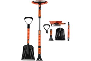 TANGZON Extendable Snow Shovel, Lightweight Aluminum Ice Scraper with Adjustable & Anti-Slip Handle, Snow Removal Tool for Car, Camping and Garden (4 in 1, with Snow Brush & Squeegee)