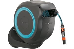 Gardena Skrzynka na Wąż Naścienna Rollup M 20 m, Nawadnianie do Średniej Wielkości Ogrodów, Uchylny Bęben na Wąż, z Uchwytem Ściennym i Opryskiwaczem, z Wężem 20 m, 18612-20