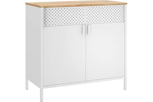 SONGMICS Storage Cabinet, Metal Cabinet with Double Doors, Magnetic Closure, Adjustable Shelf, Steel Frame, Natural and White LSC102W57