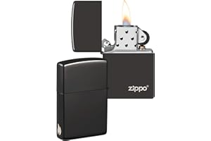 Zippo Encendedor a Prueba de Viento - Diseño de Logo y Llama - Negro Pulido Alto - Recargable - Reutilizable - Diseño a Prueba de Viento - Caja de Regalo Hecho en EEUU - Exclusivo en Amazon