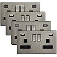 4 x Brush Chrome Double Wall Switch Socket 13A 2 gang with 2 USB Charger Ports UK 3 pin Plug Screwless Finish N776DME