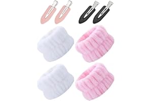 Yoezuo 4Pcs Bandeau de lavage de poignet Microfibre élastiques Bracelet de Lavage de Visage en Polaire Corail pour Femmes Filles empêchent le liquide de se renverser sur les bras (Rose,Blanc)