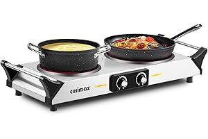 CUSIMAX Infrarot kochplatte elektrisch mit Kühlhaltegriffen, Tragbares Doppelkochfeld 900W+1200W mit Einstellbarer Temperatur, 15cm+18cm Herdplatte für Kochen, kompatibel mit allen Kochgeschirren