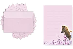 ‎FRIENDLY FOX Friendly Fox Kinder Briefpapier Pferd, 1x DIN A5 Schreibblock mit Linien und 20 Umschläge, Kinder Briefblock liniert Briefpapier Set für Kinder