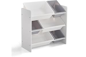 KIDOZ ONLINE KIDS SHOP Kidoz Wooden Toy Organiser, 3 Shelf Toy Storage with 6 Removable Plastic Bins (White, 3 Shelf)