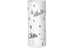 Songmics LUC23W stojak na parasole, z metalu, okrągły stojak na parasole, wyjmowany pojemnik na wodę, z haczykami, 49 x Ø 19,5 cm, biały