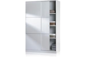 duehome | Armario de 2 Puertas Correderas, Barra de Colgar y Estantes, Armario para Dormitorio, Modelo Show, Acabado en Blanco Brillo, Medidas: 120 cm (Largo) x 200 cm (Alto) x 50 cm (Fondo)