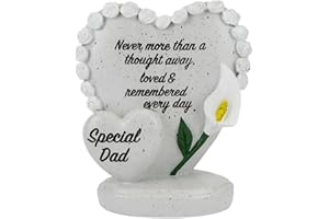 QUICKDRAW SUPPLIES Special Dad Memorial Double Heart Ornament with Rose Border & White Lily – Stone-Effect Standing Grave Decoration & Plaque with Inscription – Graveside, Cemetery & Garden Tribute Remembrance Keepsake