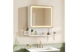 ‎FORABAMB Spiegelschrank Bad mit LED-Beleuchtung,Badezimmer Spiegelschrank mit verstellbarer Ablage,HD-Spiegel, Hängekorb,Haartrockner-Halter,3 Lichtfarbe Einstellbar, Badezimmerschrank 50×16×60cm,Weiß