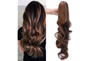 Elailite Coleta Postiza de Pelo Sintético con Clip Claw in Ponytail Extensiones de Caballo Rizadas Ondulada Postizo Trenza 60cm # Castaño Oscuro/Rubio Arena