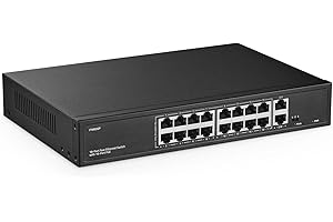 YULINCA 16 Port PoE Switch, 10/100Mbps PoE+ Ports, 2 Gigabit Ethernet Uplink, IEEE802.3af/at, MAX 200W, VLAN & PoE Extend 250m, RackMount Fanless Unmanaged Ethernet Switch