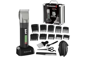 ‎REMINGTON Remington maszynka do włosów, strzyżarka, bezprzewodowa, 10 nakładek 3-25mm, grzebień, nożyczki, szczoteczki, kuferek, podstawka ładująca, peleryna fryzjerska, czarna, HC5811 Genius