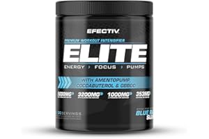 Efectiv Elite Premium Pre Workout Intensifier - Enhanced Energy - Helps Focus - Provides Pumps - with Amentopump, Cocoabuterol and GBBGO - 420grams (Blue Razz Slush)