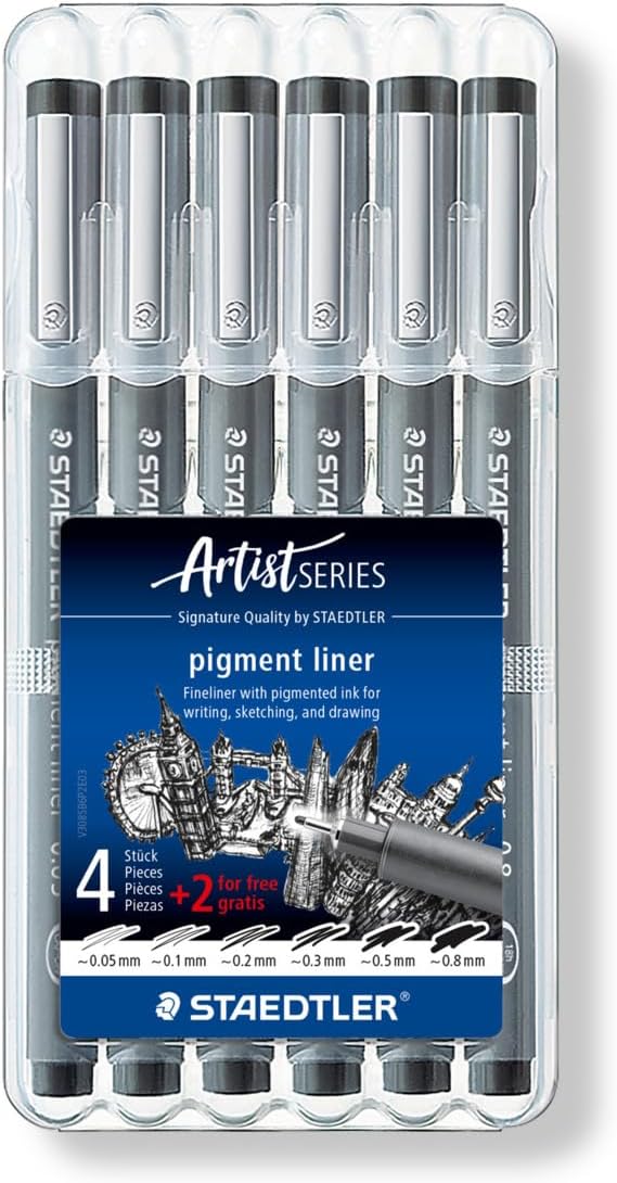 STAEDTLER Pigment Liner 308 Fineliner Set – Black, Box of 6, 0.05–0.8 mm | Archival, waterproof pigment ink across six line widths – drawing, sketching & calligraphy – Art.-Nr. 308 SB6P