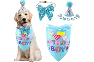 AIMICOCA Hunde Geburtstagsparty Zubehör, Junge Mädchen, Hunde geburtstagsmütze mit Zahlen, Hundewelpen, Geburtstags Bandana Hut, Schleifen Set (Blau)