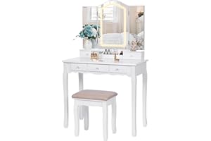 BEWISHOME Schminktisch mit Beleuchtung,Schminktisch mit Spiegel,Weiß Schminktisch mit Dreifach Klappbarem Spiegel mit 3 Farbmodi,Frisiertisch mit Spiegel für Make-up,Schminktische,Kosmetiktisch FST16W