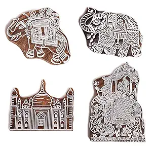 Hashcart Sheesham Wood Elephant Pattern Mughal Design Printing Blocks for Saree Boarder (12.7 cm X 7.62 5.08 cm, Brown and White, 4 Piece)