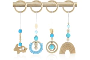 BINYI Gimnasio Juguetes de Madera para Carrito Bebe Montessori Colgantes para Cochecitos de Bebé 4 Piezas Juguete Colgante Bebe Carro Arco de Juegos Actividades Bebe para Recien Nacido Niños (Azul)
