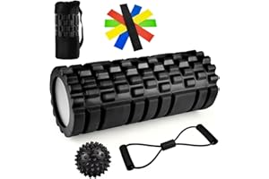 TURIUEBA Rulo Masaje Muscular 9 en 1 Foam Roller Rodillo Pilates Futbol Massagem Espuma con Pelota Masaje Pies Espalda Masajeador Piernas Physio Relajación Nubs para Masaje de Tejido Profundo 33x14cm Negro